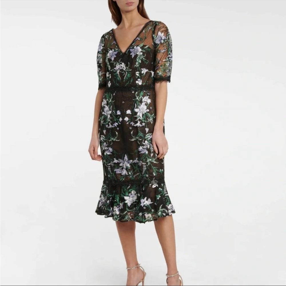 Marchesa Notte Black Floral Lace Embroidered Midi Dress 8 - Picture 2 of 13